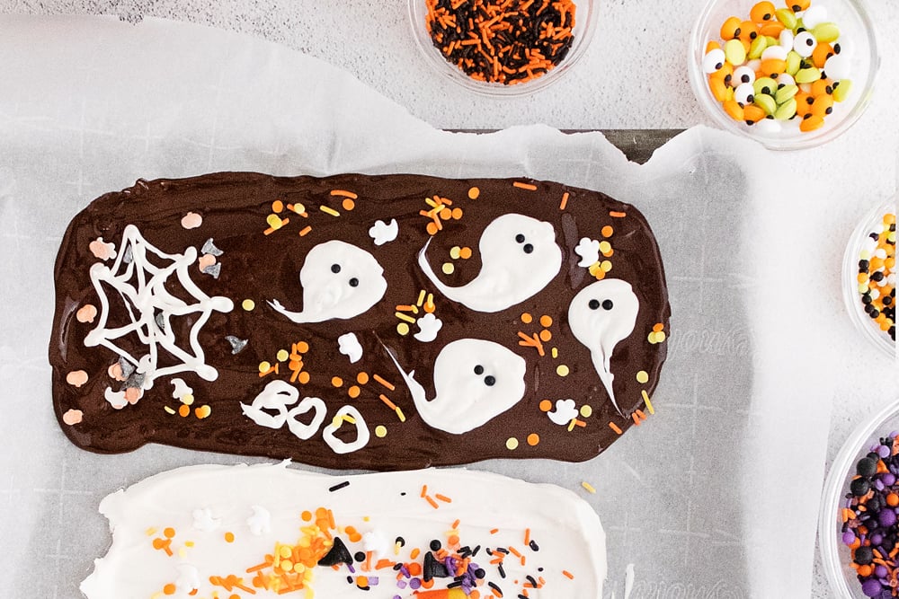 Halloween Ghost Bark spread out on parchment paper