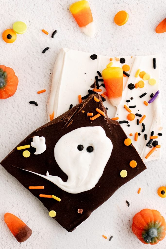 alloween Ghost Bark on white table with candy corns