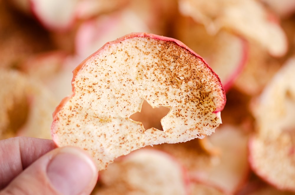 holding apple chip in hand