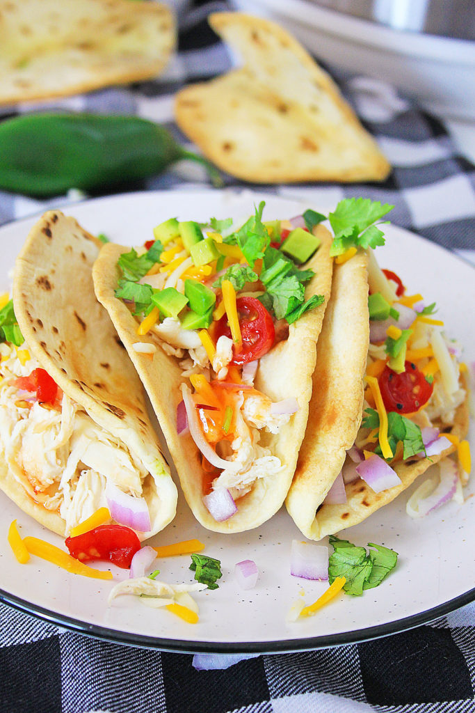 Pressure Cooker Chili Lime Chicken Tacos on white plate