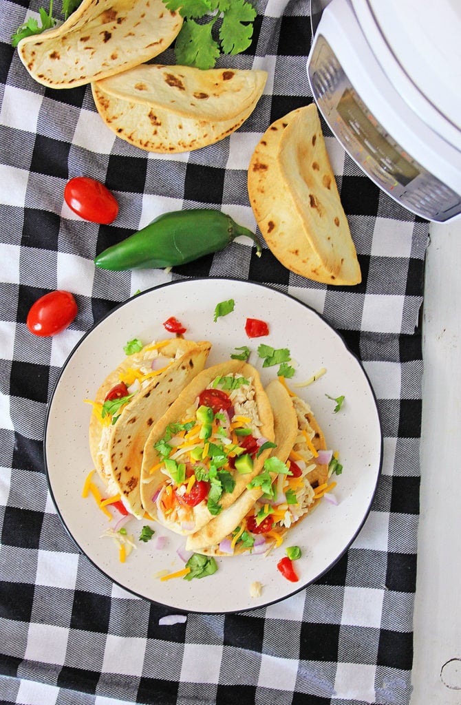 Pressure Cooker Chili Lime Chicken Tacos on table with checkered tablecloth