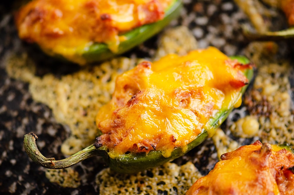 Cheesy BBQ Pork Jalapeno Poppers on sheet pan baked with cheese