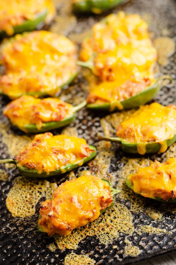 Cheesy BBQ Pork Jalapeno Poppers on sheet pan