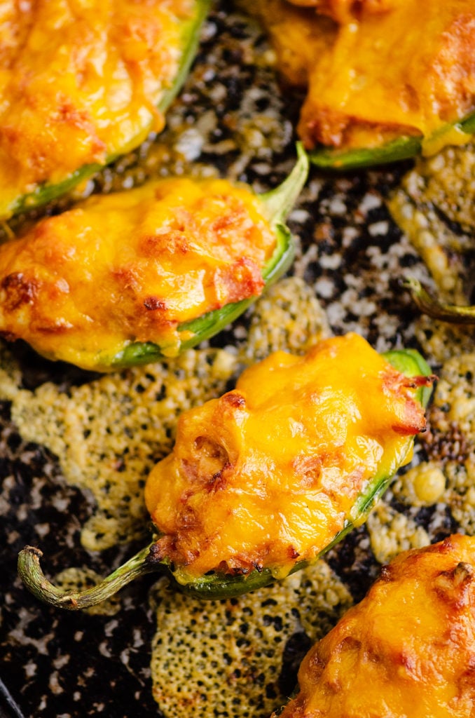 Cheesy BBQ Pork Jalapeno Poppers baked on sheet pan