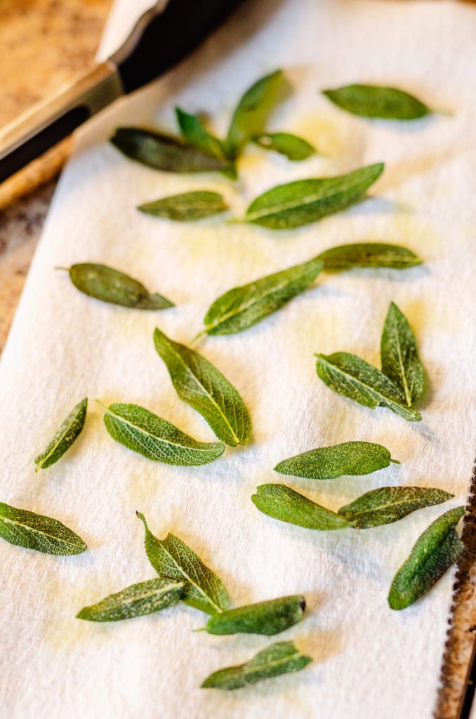 sage leaves fried in oil on paper towel
