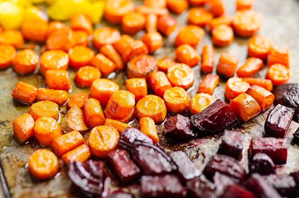 Honey Roasted Beets & Carrots on sheet pan