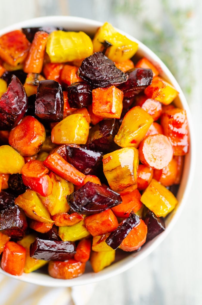 Honey Roasted Beets & Carrots in white bowl