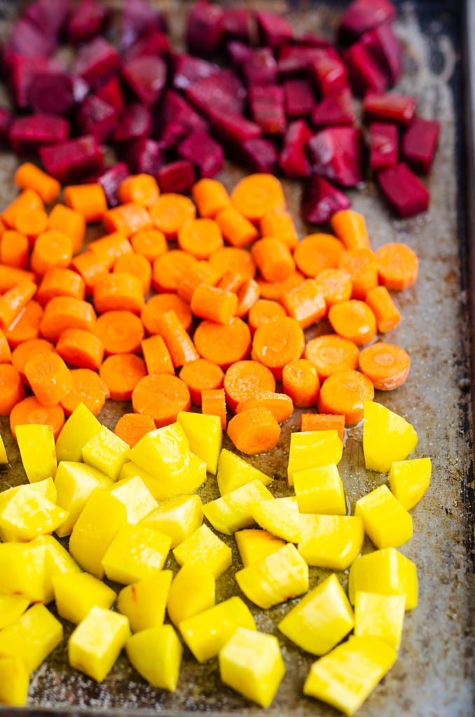 Raw Beets & Carrots on sheet pan