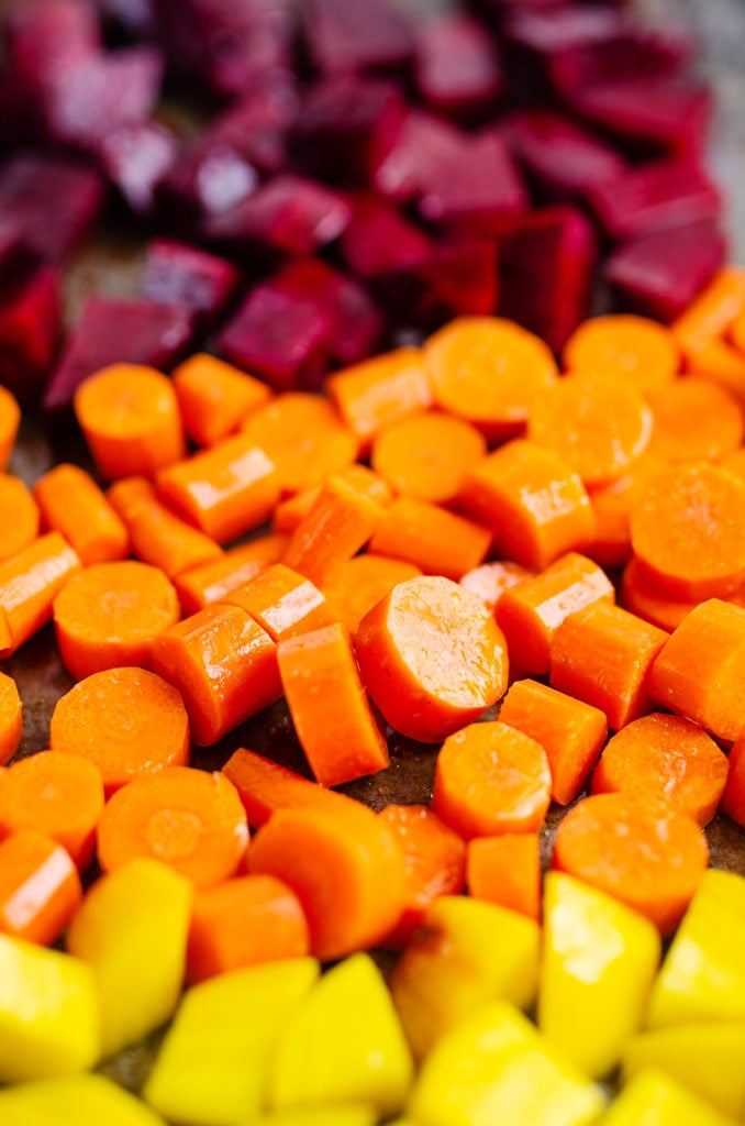 Raw Beets & Carrots on sheet pan