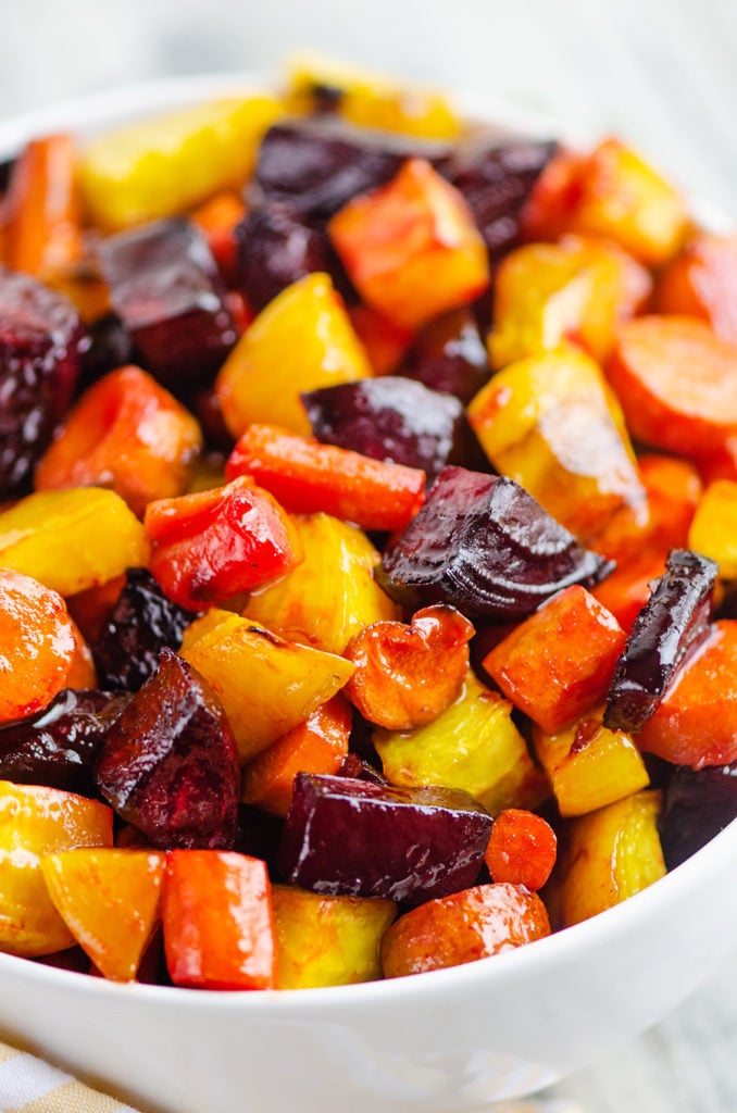 Honey Roasted Beets & Carrots in white bowl