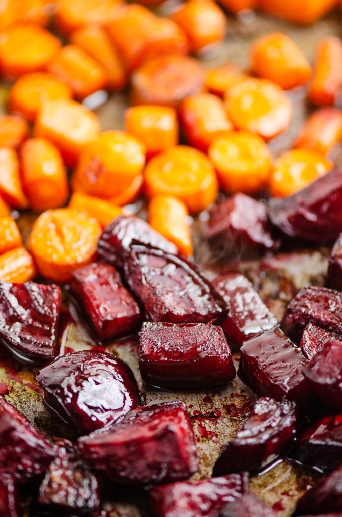 Honey Roasted Beets & Carrots on sheet pan