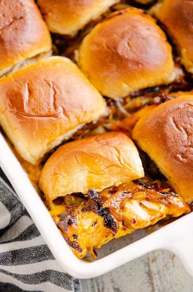 Cheesy Turkey Sliders in white pan