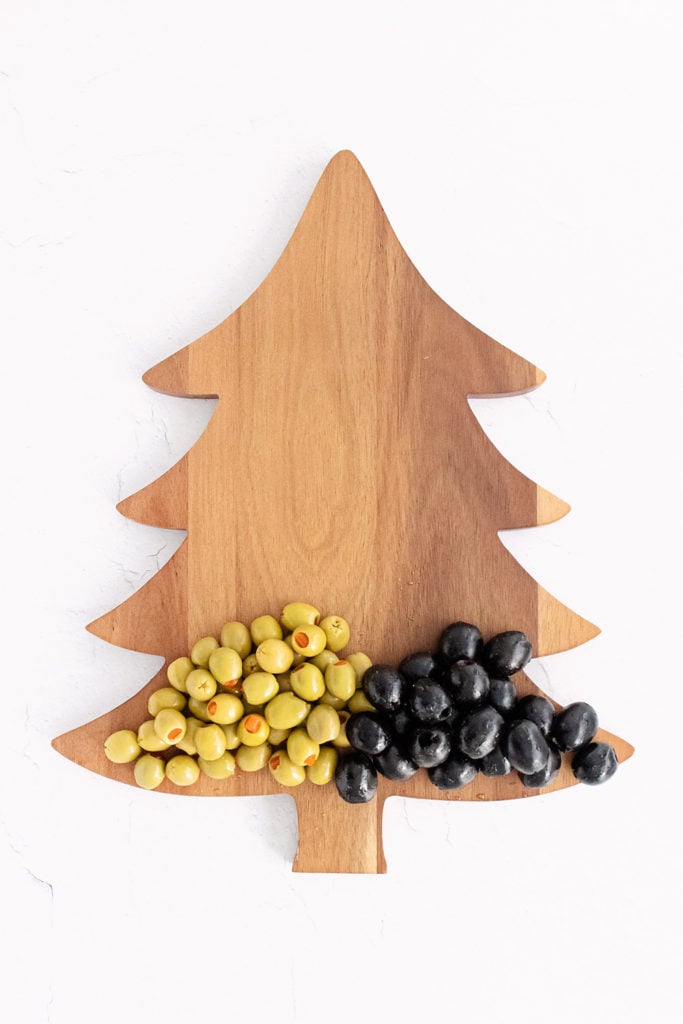 christmas tree platter with olives