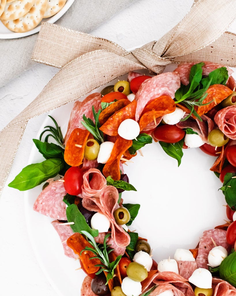 Christmas antipasto wreath with burlap ribbon