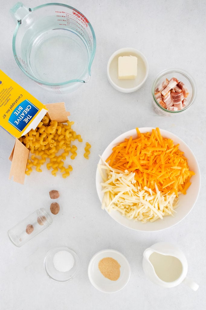 Pressure Cooker Bacon Mac and Cheese ingredients on table