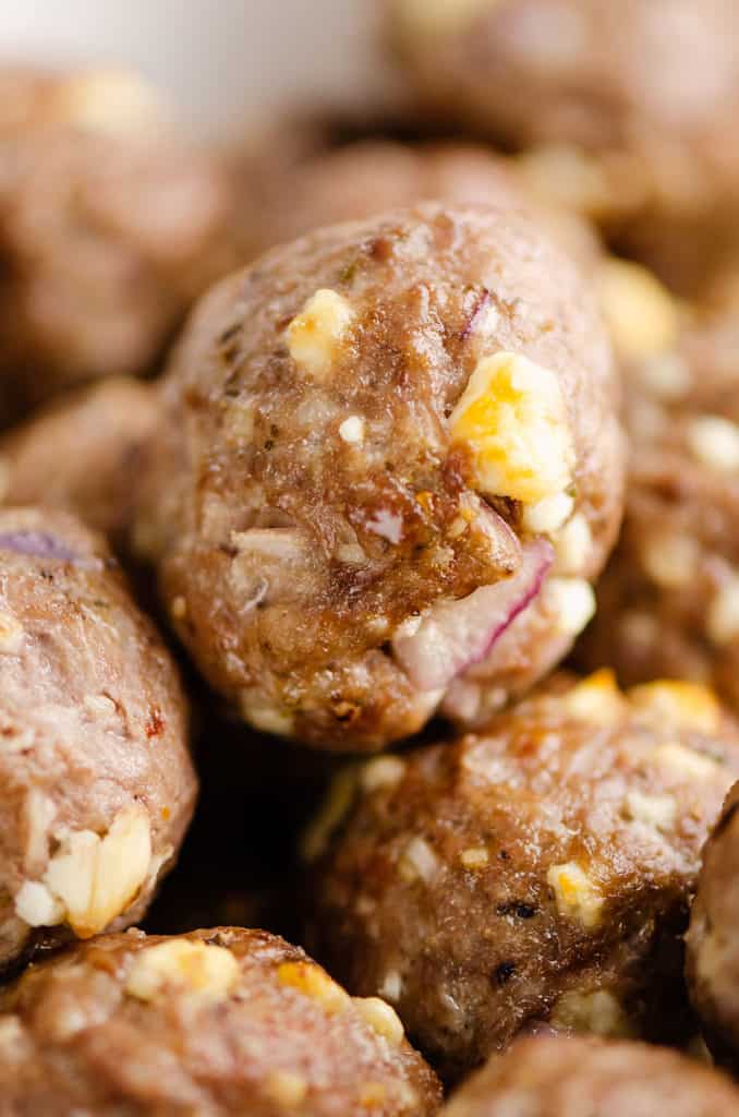 closeup of meatball with feta