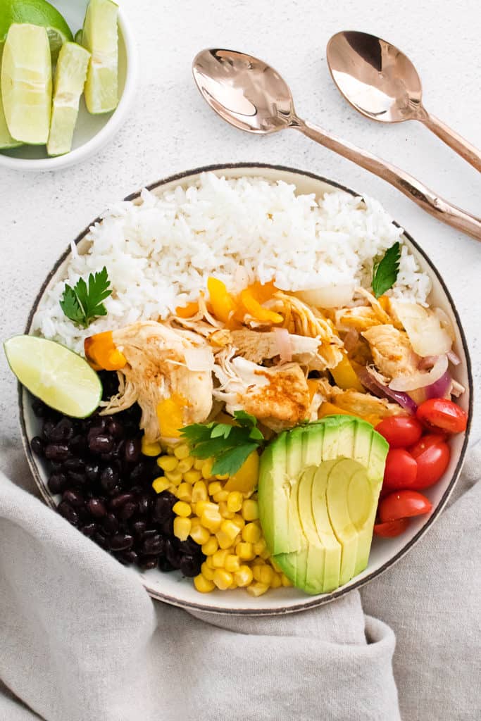 Instant pot chicken fajitas with bowl of lime wedges