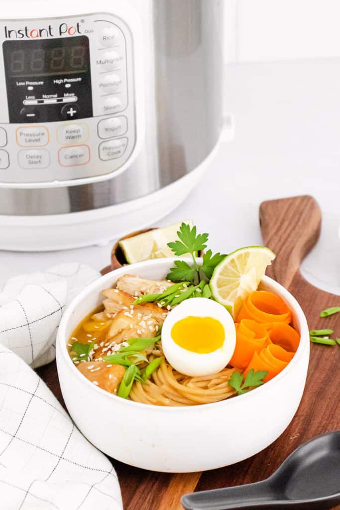 Chicken Ramen with Sweet Chili Oil in bowl with Instant Pot