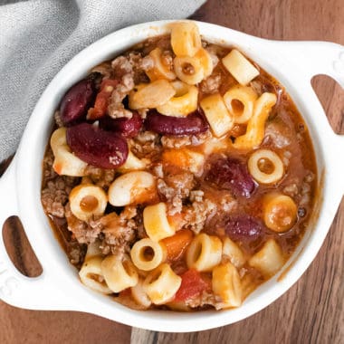 white bowl of pasta e fagioli soup