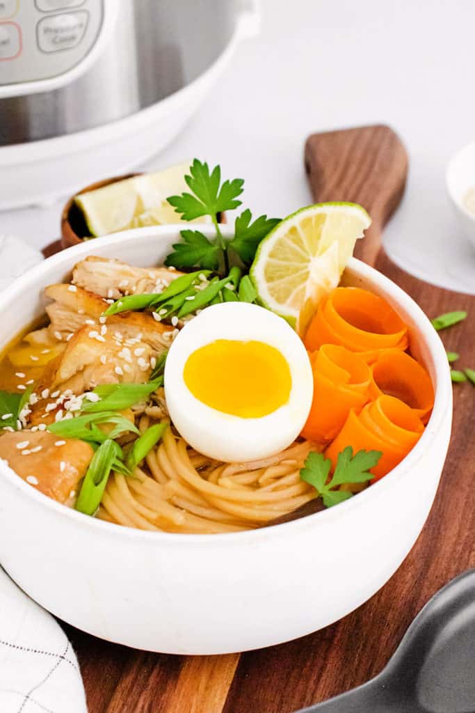 Chicken Ramen with Sweet Chili Oil in bowl with soft boiled egg