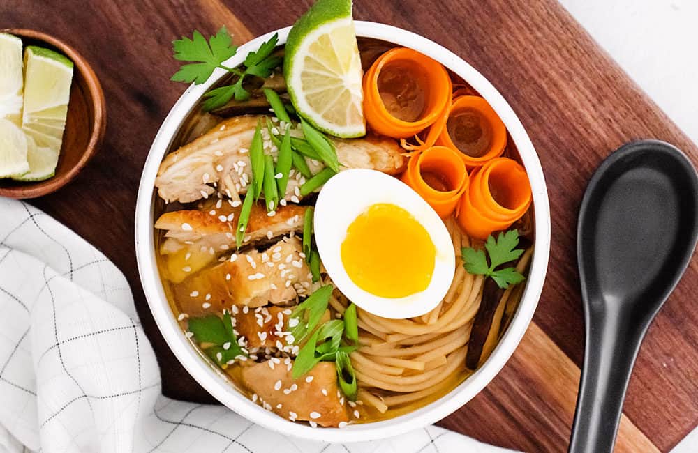 Pressure Cooker Chicken Ramen with Sweet Chili Oil in white bowl
