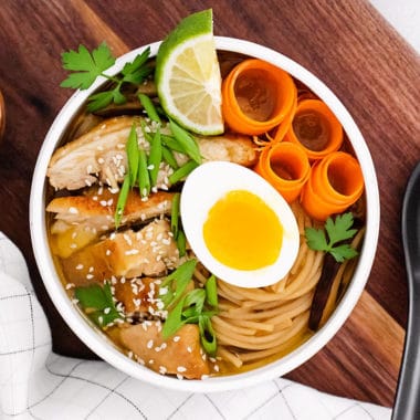 Pressure Cooker Chicken Ramen with Sweet Chili Oil in white bowl