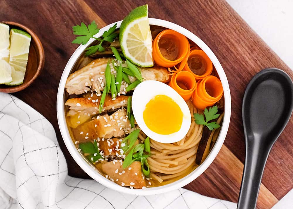 Pressure Cooker Chicken Ramen with Sweet Chili Oil in white bowl