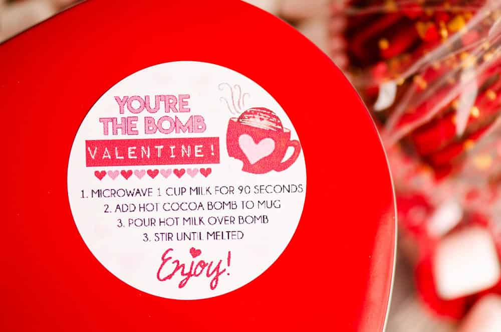 valentine hot cocoa bomb sticker on red tin