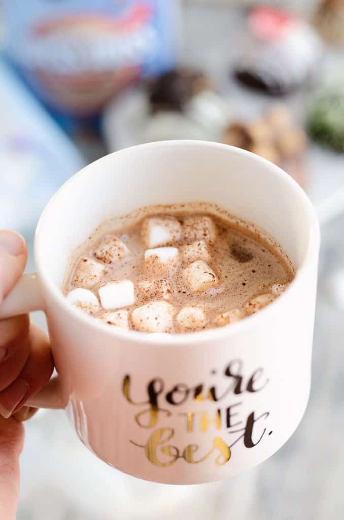 mug of hot chocolate made from hot cocoa bomb