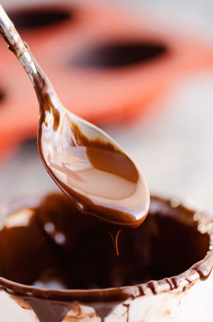 melted dark chocolate on spoon