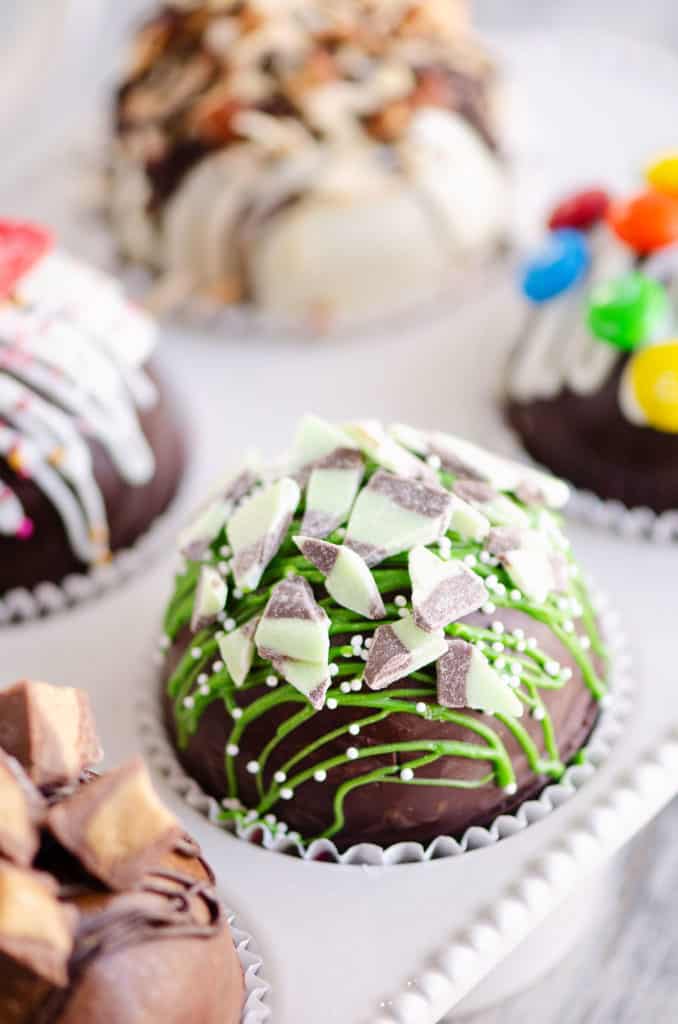 mint hot cocoa bomb in muffin tin