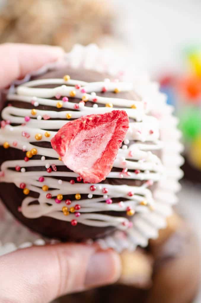 strawberry hot cocoa bomb in muffin liner