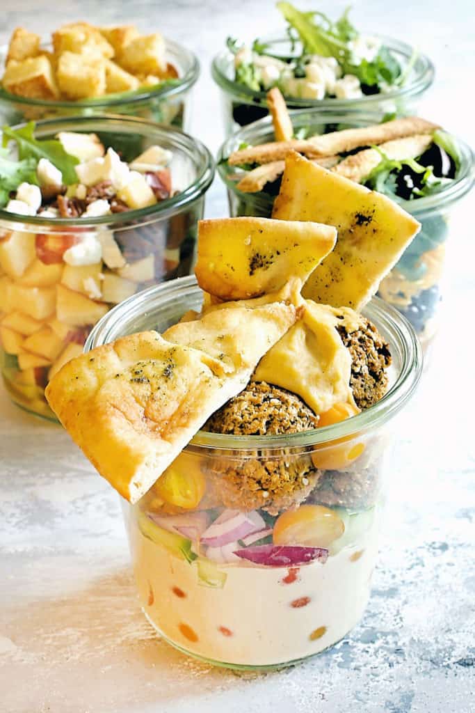 falafel salad in a jar with toasted pita chips