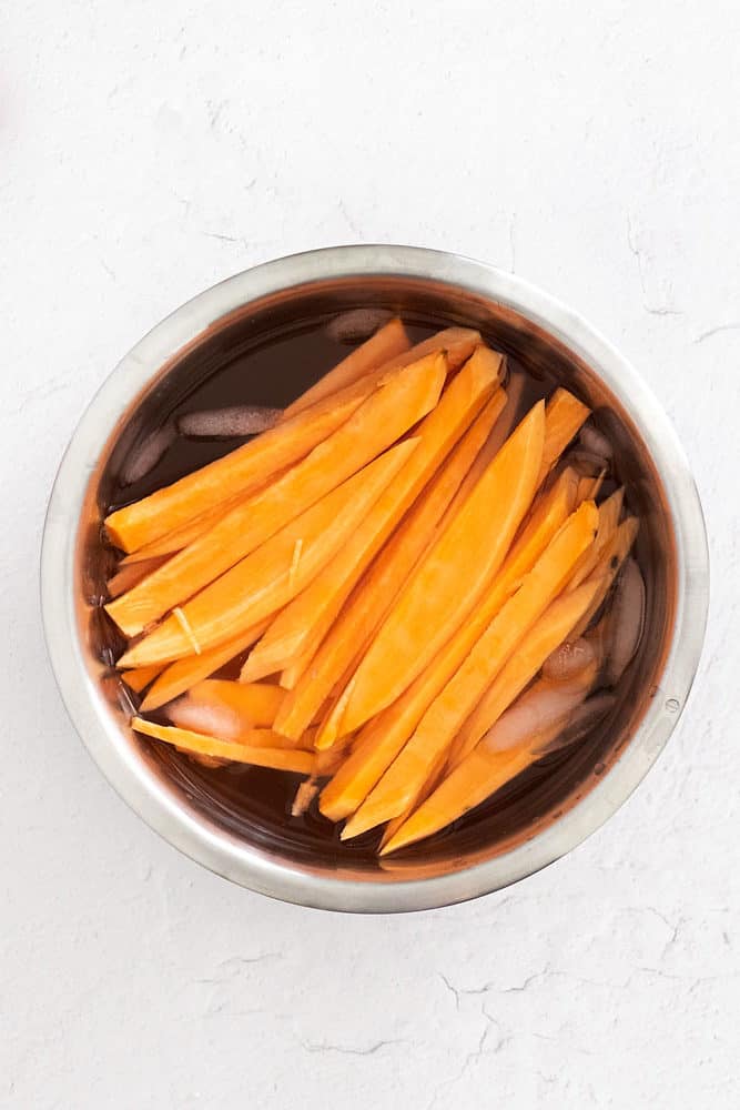 sweet potato fries in ice bath
