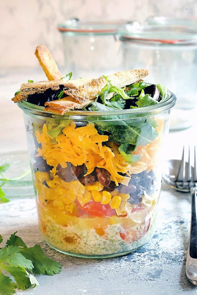 tex mex salad in a jar with corn and black beans