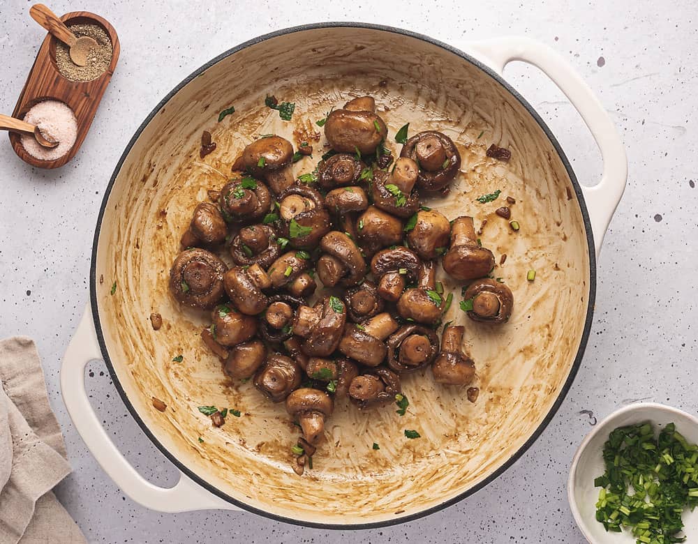 sauteed garlic and mushrroms in large kettle