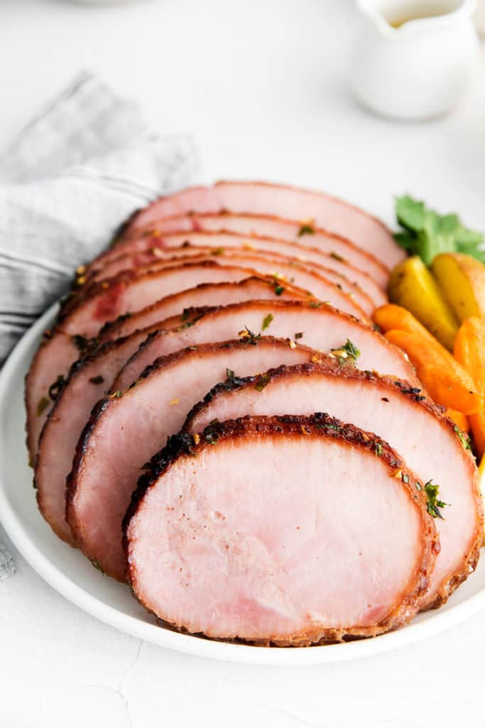 sliced air fryer ham on platter