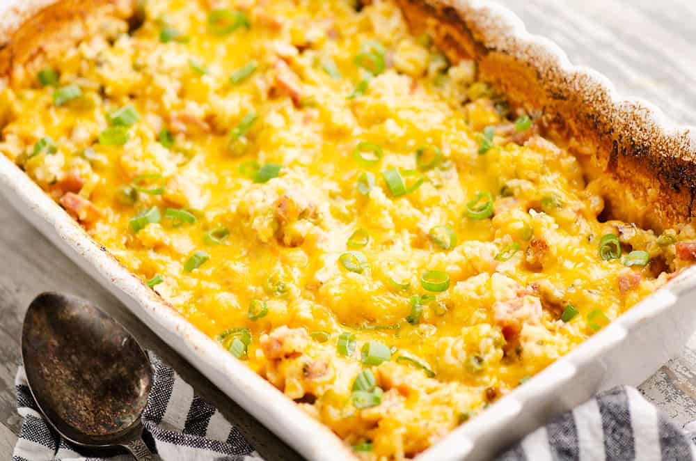 ham casserole in white scalloped baking dish