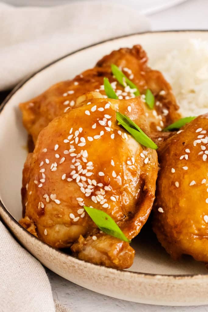 honey soy glazed chicken thigh in bowl with rice