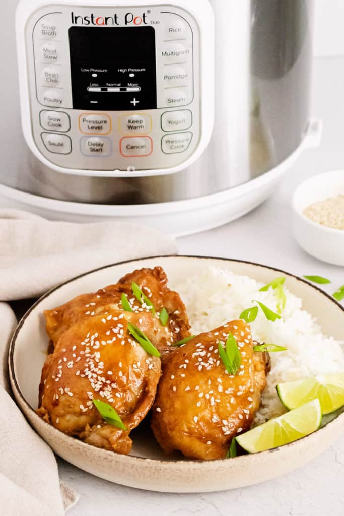 honey soy glazed chicken thigh in bowl on table with instant pot