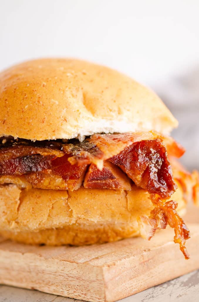 ham and candied bacon on wheat bun