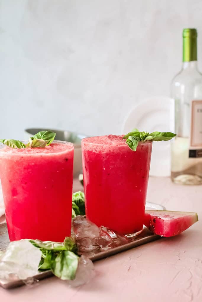 watermelon wine slushies with bottle of pinot grigio and ice