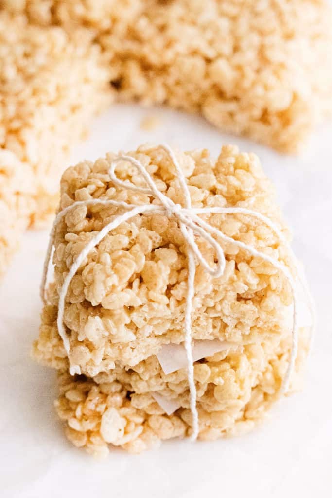 brown butter rice krispie treats tied with butchers twine