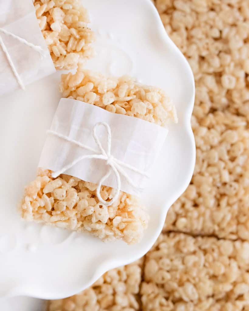brown butter rice krispie treats wrapped in parchment and twine