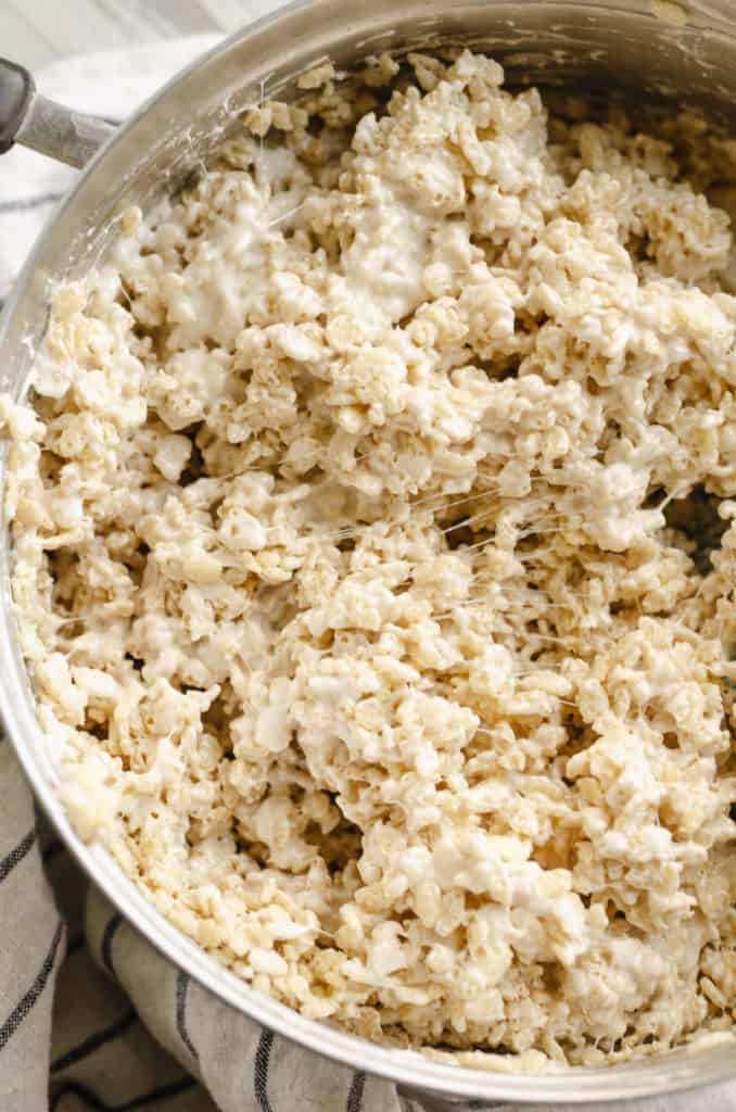 brown butter rice krispie treats stirred in pan