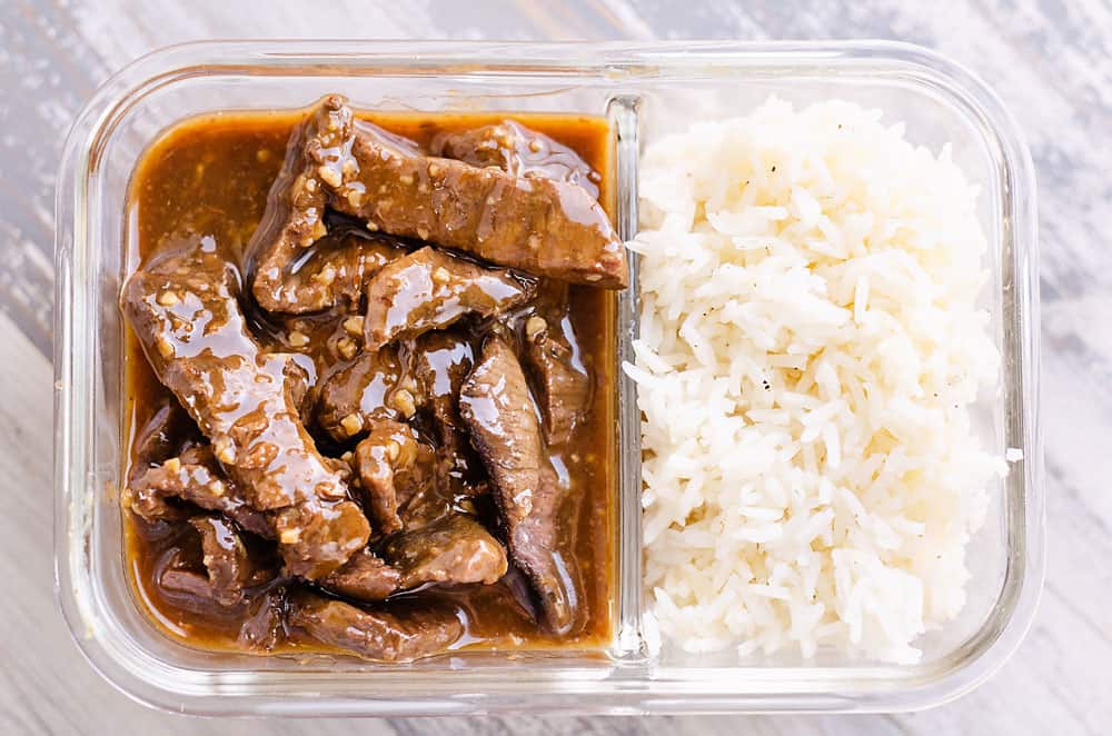 sesame ginger beef in meal prep container