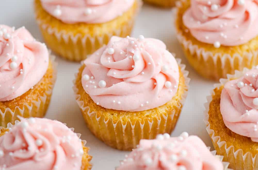 rhubarb honey cupcakes on marble table