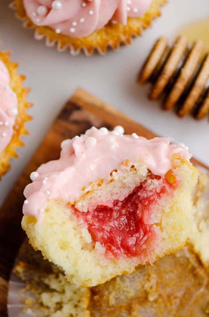 rhubarb honey cupcakes on cutting board