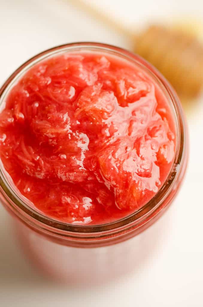 rhubarb honey sauce in glass jar