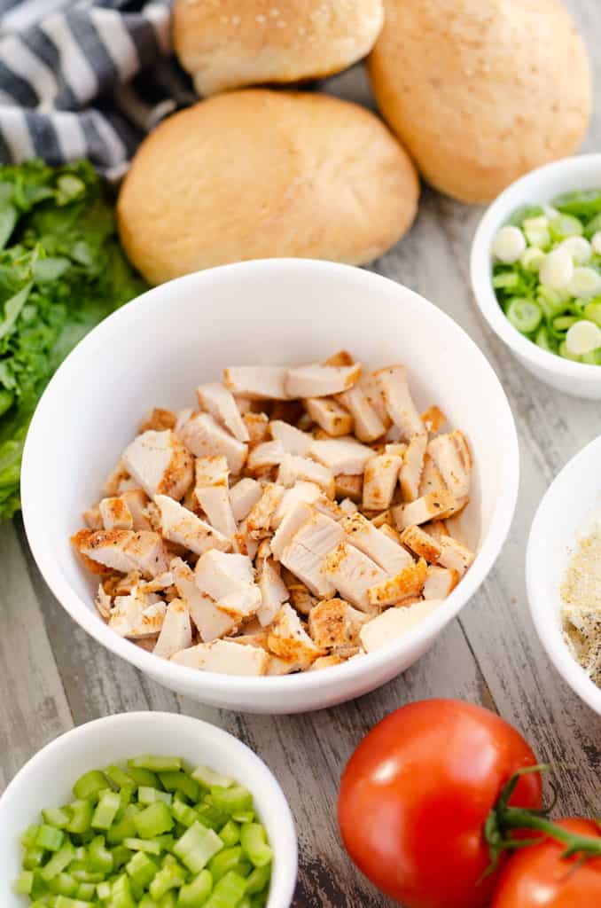 smoked chicken salad ingredients on table in bowls